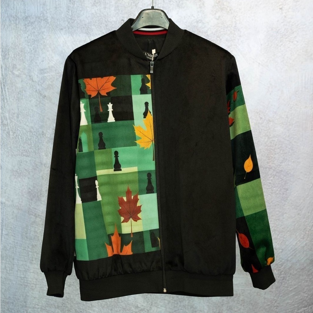 Costum unisex Chessboard Patterned Black and Green satin velvet bomber Jacket